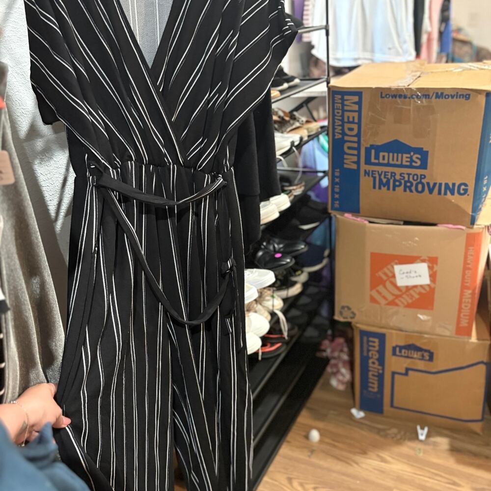 Black White Striped Jumpsuit 3X Plus Size Wide Leg Tie Waist Bold & Chic